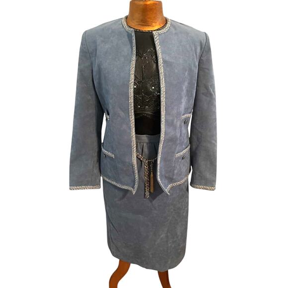 Vintage Adolph Schuman for Lilli Ann Blue Ultrasuede Skirt Suit w/Matching Belt - Picture 1 of 7